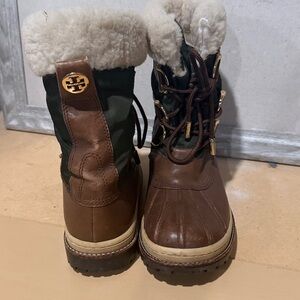 Tory Burch Brown and Dark Green Shearling-Trim Duck Boots